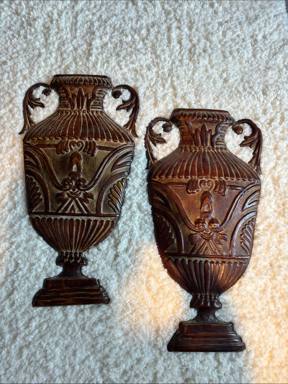 Set of 2 Vintage-Inspired Brown Decorative Metal Vase Wall Plaque - Home Accents